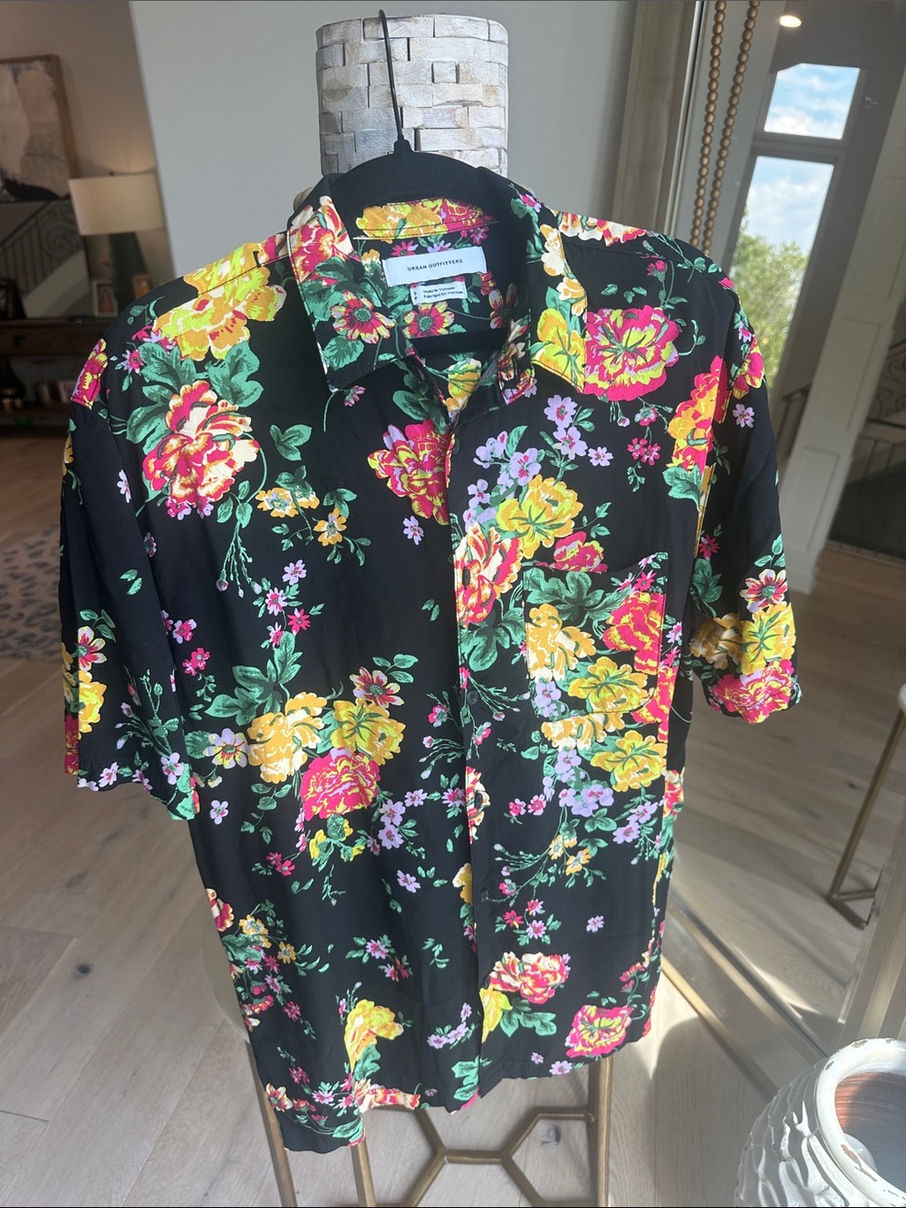 Urban Outfitters Black Floral Button-Down Shirt with Yellow & Pink Blooms